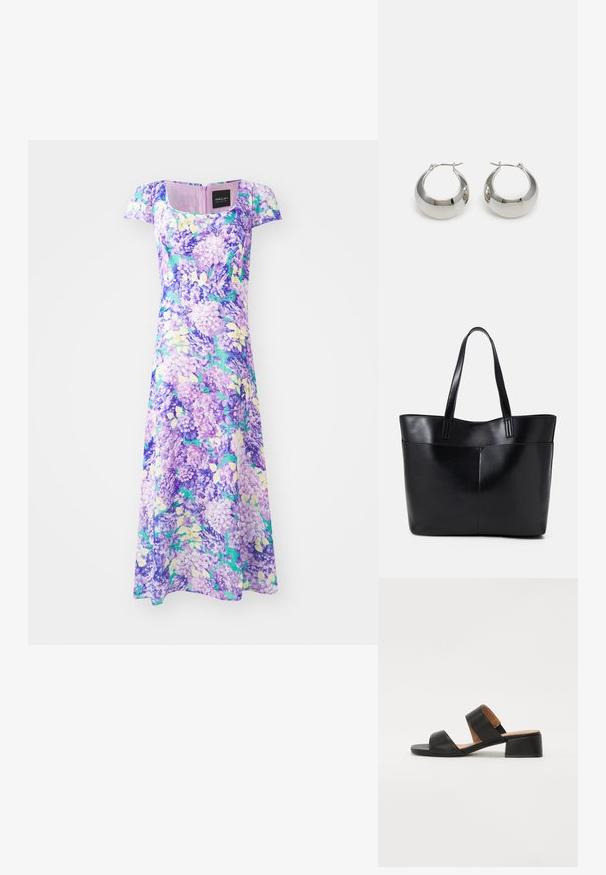 Fialové květinové šaty s krátkými rukávy a čtvercovým výstřihem. Vyrobeny z lehkého materiálu, zdobeny shluky lila a zelených vzorů.; Černé kožené sandály s dvěma širokými pásky přes nohu, čtveratou špičkou a nízkým blokovým podpatkem. Hladký povrch a minimalistický design.; Černá kožená taška s dlouhými ušima, hladkým povrchem a strukturovaným tvarem. Obsahuje přední kapsu pro další úložný prostor.; Stříbrné kovové kroužkové náušnice s hladkým, lesklým povrchem a strukturovaným, zaobleným designem. Obsahují klapku s pántem pro bezpečné nošení.