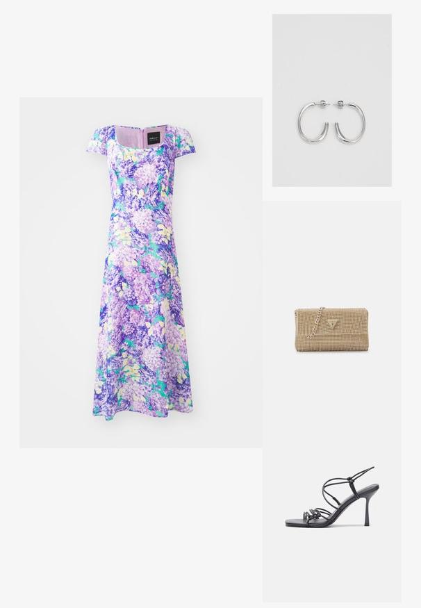 Violeta ziedu kleita ar īsām piedurknēm un kvadrātveida dekoltē. Izgatavota no viegla auduma, rotāta ar lilā un zaļo rakstu grupām.; Melnas augstpapēžu sandales ar plāniem siksniņām un mezgla dizainu, gluda kvadrātveida purngalu un elegantu stiletto papēdi.; Zelta somiņa ar sarežģītu bēdētām faktūru, trīsstūra logotipa akcentu un metālisku ķēdes siksniņu. Taisnstūra forma, elegants dizains.; Sudraba riņķveida auskari ar gludu, spīdīgu apdari. Apaļas formas, viegla dizaina, ar aizdari uz stieples.