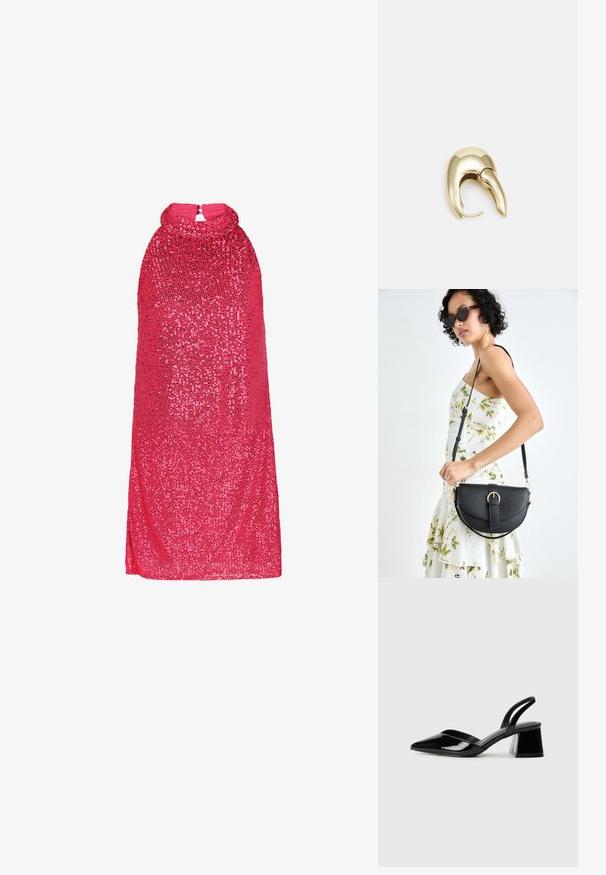 Roza obleka s sekvenci, visoko ovratnikom, brez rokavov in z zadrgo na hrbtu. Gladka tekstura z bleščečim zaključkom po celotni površini.; Črne lakirane slingback pete s koničastim nosom in geometrijsko blokasto peto. Imajo eleganten, minimalističen dizajn in gladko teksturo.; Črna usnjena torbica s ukrivljeno obliko, z odstranljivo naramnico in zlatimi dodatki. Torbica ima pokrov s podrobnostmi v obliki zaponke.; Uhane nakit iz zlatastega tona z gladko, ukrivljeno zasnovo. Ima edinstveno koničasto obliko, polirano površino in zaponko s tečajem.