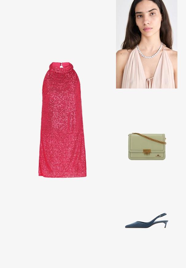 Robe en sequins rose avec un col haut, sans manches et une fermeture éclair dans le dos. Texture lisse avec une finition scintillante sur l'ensemble.; Sandales à talons en denim avec un bout pointu et un talon bas et fin. Caractéristiques d'un tissu texturé bleu foncé et d'un design élégant et épuré.; Sac à main en cuir vert avec une chaîne dorée, de forme rectangulaire, fermeture avant avec matériel et détail de logo embossé dans le coin inférieur droit.; Collier en argent en forme de cœur avec des pierres scintillantes, porté sur un vêtement drapé rose clair. Design simple avec un fermoir sécurisé.