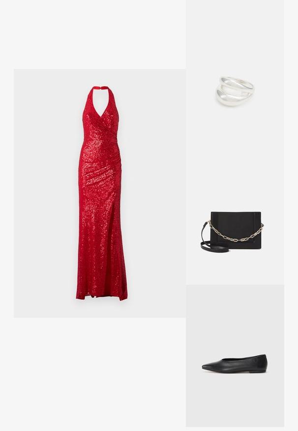 Czerwona sukienka z cekinami, z dekoltem na hals, dopasowanym gorsetem i bocznym rozcięciem. Tkanina ma błyszczącą teksturę z drapowanym wzorem.; Czarne baleriny z lakierowanej skóry, spiczasty nosek, minimalistyczny design, gładka faktura, niskie obcasy, bez widocznych elementów metalowych czy ozdób.; Czarna skórzana torebka typu crossbody z gładką teksturą, prostokątnym kształtem oraz metalowym detalem w postaci łańcuszka z przodu. W zestawie regulowany pasek.; Srebrna obrączka podwójna z gładką, polerowaną powierzchnią. Posiada płynny, zakrzywiony kształt z nakładającymi się sekcjami, co nadaje nowoczesny wygląd.