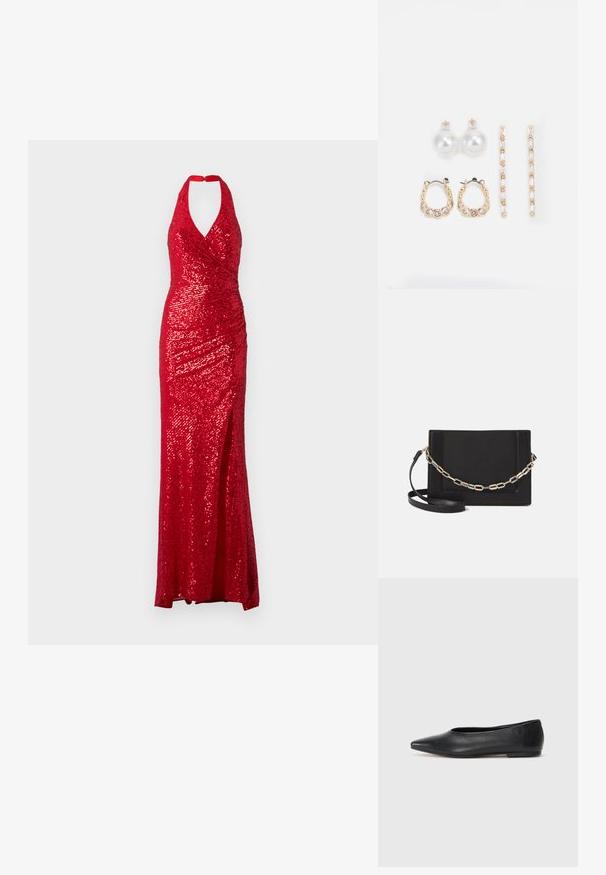 Punane sädelev kleit halter-kaelusega, lähedalt istuv korpus ja külglihased. Kangas on läikiva tekstuuriga ja drapeeritud disainiga.; Musthave mustris balletkingad, terav nina, minimaliseeritud disain, sile pind, madal konts, ilma nähtava riistvara või kaunistusteta.; Mustast nahast õlakott, mis omab siledat tekstuuri, ristküliku kuju ning esiküljel metallketi detaili. Reguleeritav rihm on kaasas.; Kolm paari kõrvarõngaid: suured valged pärlstudid, kuldsed rõngad läbipaistvate gemmidega ning kaks pikka, sirget kullast aktsentkõrvarõngast sädeleva detailiga.