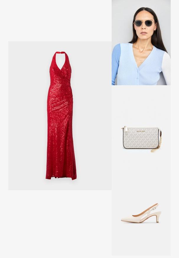 Sarkans sekvīru tērps ar halter dekoltē, pieguļošu augšdaļu un sānu šķēlumu. Audumam ir spīdīga tekstūra un drapējuma dizains.; Baltas siksniņveida papēdis ar smailu purngalu, gludu augšējo materiālu, zemu blokpapēdi un sānu izgriezumu dizainu ar regulējamu sprādzi.; Apaļas saulesbrilles ar tumšiem objektīviem un zeltītām rāmēm. Modelis valkā gaiši zilu, ribotu kardigānu ar pogām un kontrastējošām baltām piedurknēm.; Michaela Korsa rokassomi bez̦ā īšojuma, kas izgatavota no apklāta kanvas, iekļaujot atkārtotu MK logotipa rakstu, zelta aparatūru un noņemamu ķēdes siksnu.