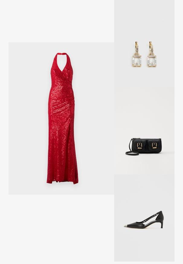 Red sequined gown with a halter neckline, fitted bodice, and a side slit. The fabric has a shiny texture with a draped design.; Black leather kitten heel with pointed silver toe cap and dual buckle straps on a white background.; Black leather crossbody bag with two front pockets, gold buckles, zipper closure, and a slim strap. Textured surface and compact rectangular shape.; Gold-tone earrings featuring a rectangular, clear crystal dangling below a row of small, round clear accents. Sleek, modern design.