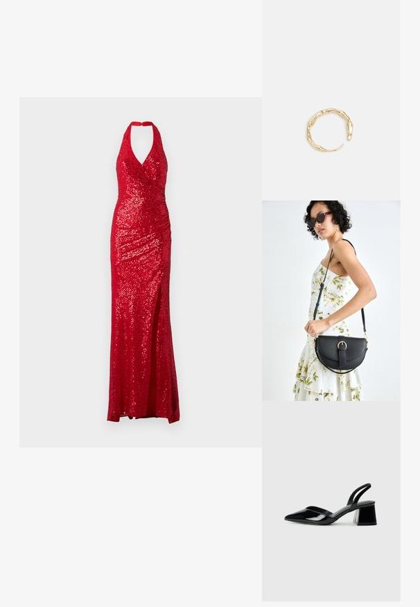 Punane sädelev kleit halter-kaelusega, lähedalt istuv korpus ja külglihased. Kangas on läikiva tekstuuriga ja drapeeritud disainiga.; Mustad musta lakknahk kingad, millel on terav varvas ja geomeetriline plokkkonts. Omab elegantselt minimalistlikku disaini ja sujuvat tekstuuri.; Mustmust mustraha kõverate joontega, eemaldatava rihmaga ja kuldsete detailidega. Kotil on klapp, millel on pandladetail.; Kuldtoonis sõrmus, millel on orgaaniline, keerdunud disain sileda tekstuuri ja kitsenevate otstega, luues kaasaegse skulptuurilise välimuse.