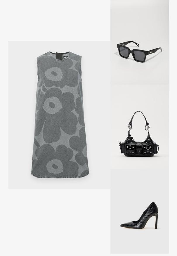 Sukňa bez rukávov v sivej riflovine so širokými tmavosivými kvetinovými vzormi. Okrúhly výstrih s otvorom na chrbte v tvare kľúča a rovný strih.; Čierna lodička s špicatou špičkou a lakovanou textúrou krokodíla, s elegantným dizajnom, vysokým stiletto podpätkom a hladkým čiernym interiérom.; Čierne štvorcové slnečné okuliare s tmavými sklami, hladkým plastovým rámom a diskrétnymi krídlovými akcentmi na spánkoch.; Čierna kožená kabelka s zakriveným dizajnom, doplnená striebornými cvočkami, prackou a dvoma bočnými vreckami. Nastaviteľný popruh poskytuje rôzne možnosti nosenia.