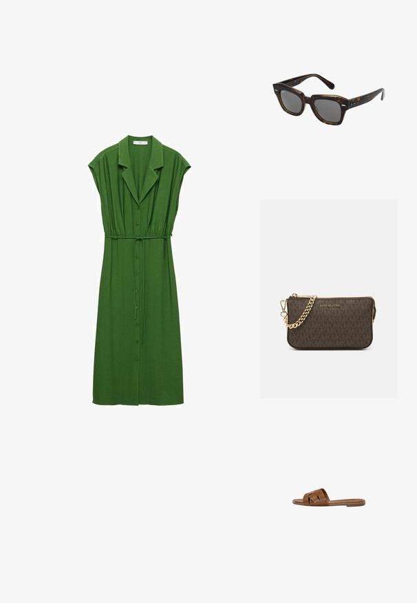 Rochie verde cu nasturi, cu mâneci scurte, curea în talie și guler. Realizată dintr-un material moale, cu detalii pliate și un design de lungime medie.; Sandal din piele maro, tip slide, cu bretele încrucișate, talpă plată și o textură netedă. Design simplu, fără embellishments sau modele.; Ochelari de soare dreptunghiulari cu ramă din plastic cu model broască țestoasă, lentile închise la culoare și accente argintii pe laterale. Fabricat în Italia.; Geantă de umăr din piele maro, cu model logo, curea cu lanț aurit, închidere cu fermoar și accente aurii. Formă compactă și rectangulară.