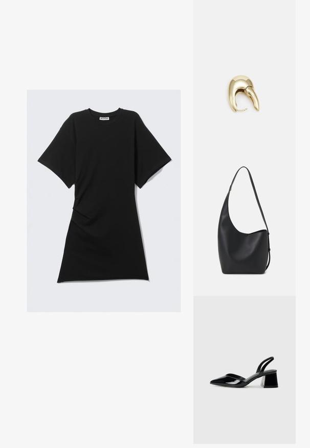 Melna kokvilnas t-krekliņa kleita ar apaļu izgriezumu, īsām piedurknēm, sānu drupināšanas detaļām un taisnu apakšmalu. Gluda tekstūra un ikdienišķs dizains.; Melna lakota āda ar atvērto papēdi, ar smailu purngalu un ģeometrisku blokpapēdi. Iezīmējas elegants, minimāls dizains un gluda tekstūra.; Melnas ādas hobo soma ar gludu tekstūru, izliekta forma un vienu regulējamu jostu; augšā ir plaša atvere.; Zeltīti metāla auskari ar gludu, izliekta dizaina. Ar atšķirīgu smailu formu, pulētu virsmu un eņģu aizdari.