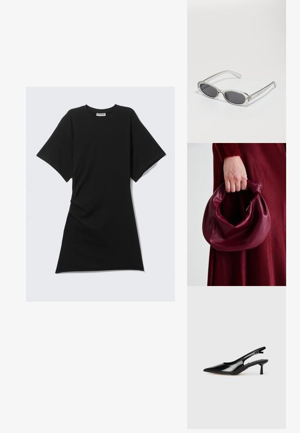 Czarna bawełniana sukienka t-shirtowa z okrągłym dekoltem, krótkimi rękawami, bocznymi marszczeniami oraz prostym dołem. Gładka tekstura i swobodny fason.; Czarne lakierowane sandały na obcasie z wąskim noskiem, cienkim obcasem i regulowanym paskiem z klamrą. Gładka faktura z minimalnymi zdobieniami.; Okulary przeciwsłoneczne w owalnym kształcie, z przezroczystą plastikową oprawą, ciemnoszarymi soczewkami oraz cienkimi przezroczystymi ramionami z akcentami logo i minimalnymi detalami.; Bordowa skórzana torebka o miękkim, marszczonym wyglądzie i zaokrąglonym kształcie. Uchwyt jest zabezpieczony, co podkreśla gładką fakturę.