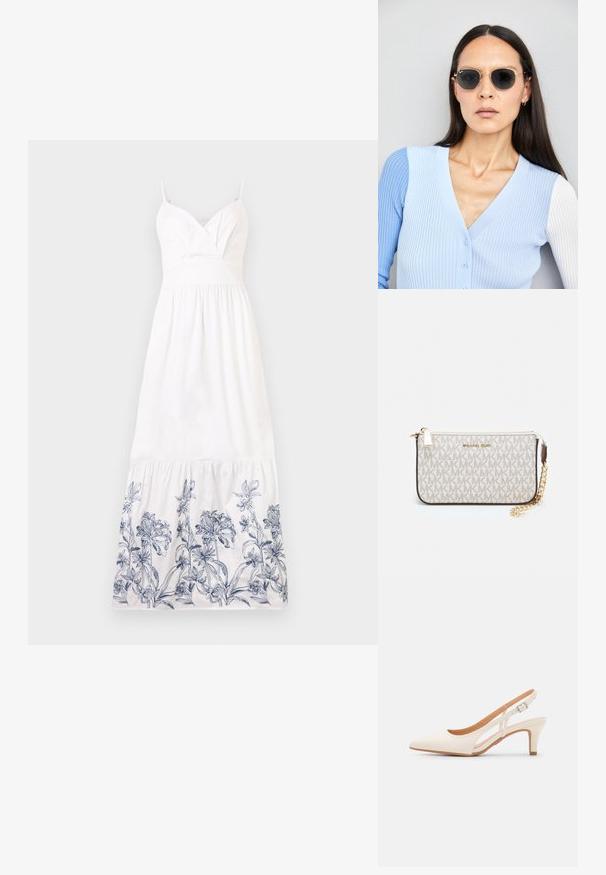 Balta kokvilnas maksimuma kleita ar pieguļošu bodiju un smalkām siksnām. Apakšmalā un plandīgajā svārkā ir zila ziedu izšūšana.; Baltas siksniņveida papēdis ar smailu purngalu, gludu augšējo materiālu, zemu blokpapēdi un sānu izgriezumu dizainu ar regulējamu sprādzi.; Apaļas saulesbrilles ar tumšiem objektīviem un zeltītām rāmēm. Modelis valkā gaiši zilu, ribotu kardigānu ar pogām un kontrastējošām baltām piedurknēm.; Michaela Korsa rokassomi bez̦ā īšojuma, kas izgatavota no apklāta kanvas, iekļaujot atkārtotu MK logotipa rakstu, zelta aparatūru un noņemamu ķēdes siksnu.