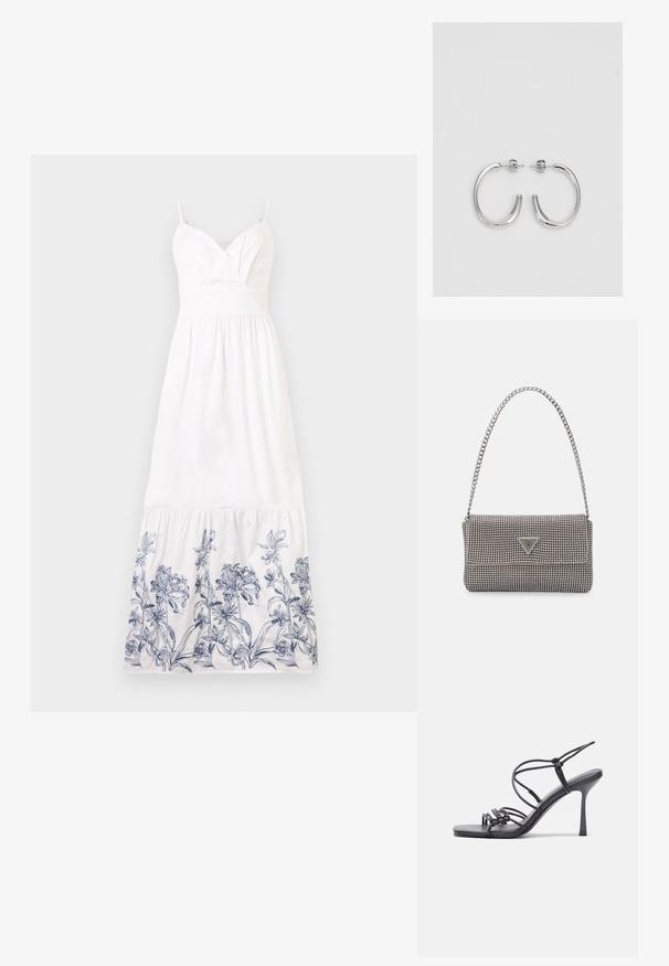 Λευκό μάξι φόρεμα από βαμβάκι με εφαρμοστή κορσέ και τιράντες σπαγγέτι. Διαθέτει μπλε λουλουδάτες κεντήματα κατά μήκος του στριφωτού φινιρίσματος και μαζεμένο φουστάνι.; Μαύρες ψηλοτάκουνες σανδάλες με λεπτές λωρίδες και σχέδιο με κόμπους, λείο τετράγωνο μπροστινό μέρος και κομψό τακούνι στιλέτο.; Ανοικτό γκρι μεταλλική τσάντα χειρός με αλυσίδα, διακοσμημένη με μικρούς κυκλικούς μεταλλικούς στύλους και ένα τριγωνικό λογότυπο της μάρκας.; Ασημένια σκουλαρίκια κρίκοι με λεία, λαμπερή φινίρισμα. Στρογγυλό σχήμα, ελαφρύ σχέδιο, με κλείσιμο τύπου πίσω.