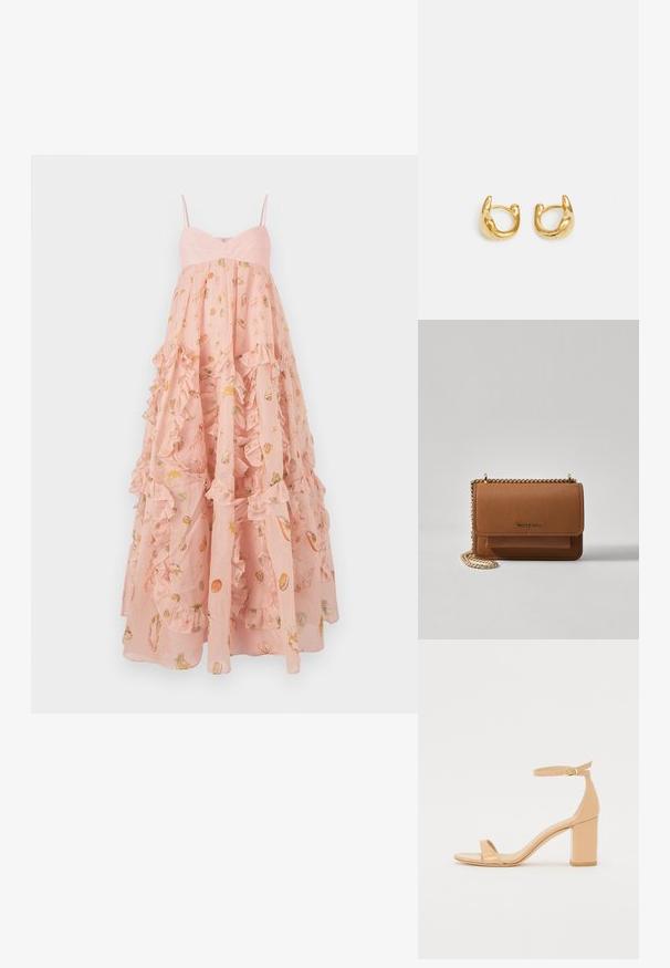 Rozā volāna kleita ar spageti siksnām, kurai ir viegla auduma un izdrukāts dizains ar jūras dzīvniekiem un čaumalām visā kleitā.; Nude lakotas ādas augstpapēžu sandalēs ar kvadrāta purngalu, potītes siksniņu un masīlu bloku papēdi. Gluda tekstūra un minimāla dizaina detaļas.; Brūna teksturēta ādas plecu soma ar zelta ķēdes siksnu un atloka aizdari. Priekšpusē ir logotipa detaļa un kabata zem atloka.; Zelta auskari ar gludu, noapaļotu dizainu un spīdīgu apdari. Auskariem ir kompakta, masīva forma un bezšuvju sprādze.