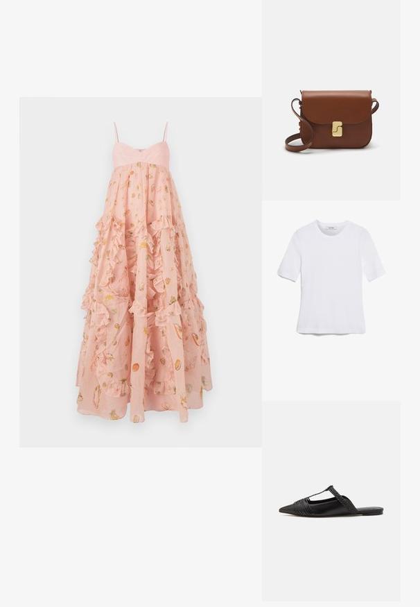 Ružičasta haljina s volanima i trakama na rame, izrađena od laganog materijala, s uzorkom morskog života i školjki.; Bijela majica s kratkim rukavima izrađena od rebraste tkanine. Okrugli izrez, klasičan kroj i suptilni detalji šivanja. Bez uzoraka ili grafika.; Crne kožne cipele s remenom oko pete i šiljastim vrhom, s pletenim naglaskom i nabranim gornjim dijelom. Ravni đon s minimalnim hardverom.; Smeđa kožna torba s preklopom, zlatnim detaljima, remenom za nošenje preko ramena i glatkom teksturom. Kompaktni pravokutni oblik.