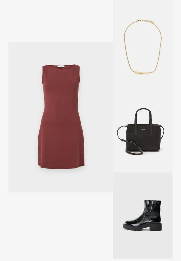 Muguri bez piedurknēm dziļi sarkanā krāsā, izgatavota no mīksta auduma. Raksturīga apaļa kakla izgriezuma un pieguloša silueta, kas nedaudz paplašinās pie apakšmalas.; Melnas potītes zābaki ar spīdīgu lakotu ādas apdari, masīvu melnu gumijas zoli un paaugstinātu papēdi; satur subtilu logotipa detaļu sānu daļā.; Melns roku soma ar divām īsām rokturiem un noņemamu plecu siksnu. Gluda ādas līdzīga materiāla ar rāvējslēdzēja aizdari un logos detaļu.; Zelta apšuvuma kaklarota ar gludu, izliekta centrālo akcentu. Iekļauj elastīgu ķēdi ar homaru slēdzeni un papildu regulējamām ķēdes saitēm.