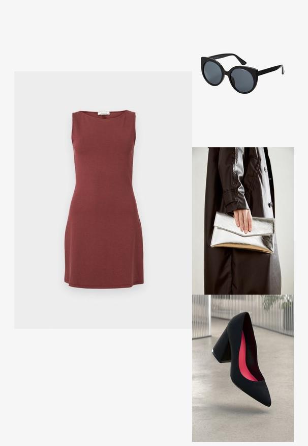 Ermeløs kjole i en dyp rød farge, laget av mykt stoff. Har rund hals og en tettsittende silhuett som bretter seg litt ut ved kanten.; Svart høye hæler med spiss tå, teksturert overflate og en livlig rosa innside. Har en kraftig hæl med sølvdetaljer.; Sorte oversized solbriller med katteøye-form, mørkt tonede linser og blank plastikkinnramme. Har tykke stenger for støtte.; Sølv metallisk clutch med et vinklet konvoluttdesign, glatt tekstur og kontrastfarge på innsiden, holdt i en hånd iført en svart kåpe.
