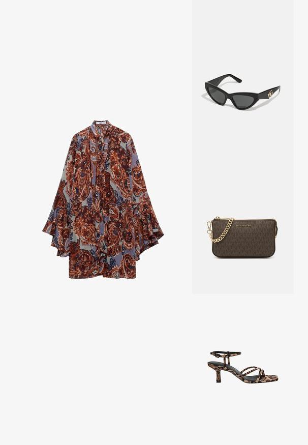 Mango Denné šaty - brown; Sandále na podpätku s leopardím vzorom, s hranatou špičkou, viacerými popruhmi a stredne vysokým podpätkom. Vyrobené z mäkkého textilného materiálu.; Slnečné okuliare v tvare mačacích očí s matným čiernym plastovým rámom, tmavými sklami a zlatým logom na bočnej strane. Ostrý dizajn a hladká textúra.; Hnedá kožená crossbody taška s logom, zlatým reťazcom, zipsovým uzáverom a zlatými prvkami. Kompaktnej a obdĺžnikovej forme.