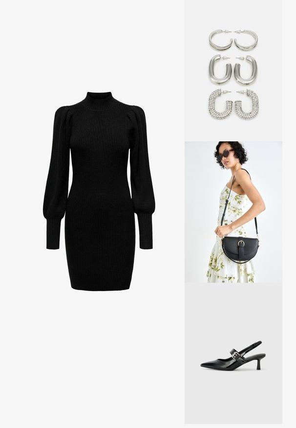 Black knitted dress with a high neck, long puff sleeves, and ribbed texture. Form-fitting shape, reaching mid-thigh. No visible patterns or accents.; Black patent leather slingback heels with a pointed toe and a small block heel, featuring a silver buckle accent on the strap.; Black leather handbag with a curved shape, detachable strap, and gold hardware. The bag features a flap with a buckle detail.; Four pairs of silver earrings: two shiny smooth hoop designs, one textured, and one covered in small clear rhinestones.