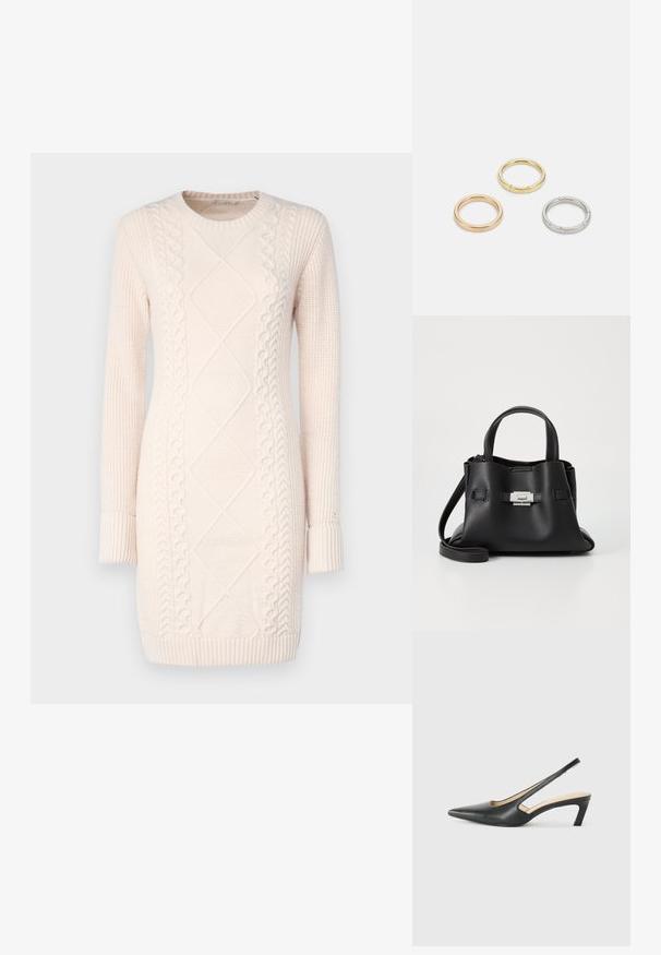Világos rózsaszín kötött pulóverruha texturált mintákkal, kerek kivágással, hosszú ujjakkal, bordázott mandzsettákkal és hem. ; Fekete, hegyes orrú, slingback cipő alacsony sarkával, sima bőrből készült, oldalt kivágott deisgnal a légáteresztőképesség érdekében.; Fekete bőr kézitáska struktúrált felülettel, két felső fogantyúval, levehető vállpánttal és ezüst színű csattal.; Három fémgyűrű: az egyik rose gold, a másik texturált akcentusokkal ellátott arany, a harmadik pedig ezüst, mindegyiken gravírozott márkajelzés található a belső sávon.