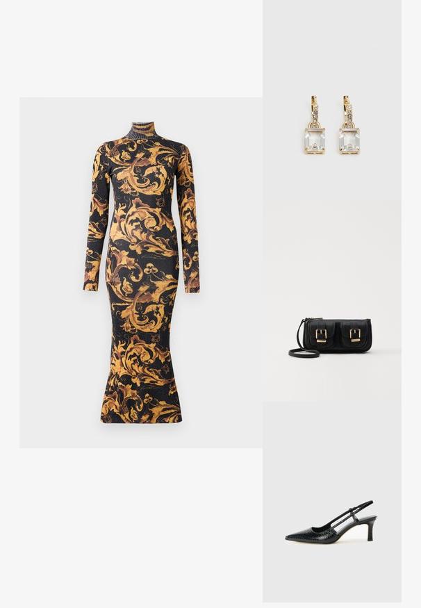 Crna uska haljina s dugim rukavima i visokim vratom, s zlatnim i smeškastim ornate cvjetnim baroknim uzorkom, dužine do polu-tibija, sa rebrastom teksturom tkanine.; Crne lakirane slingback pete s oštrim vrhom, s teksturiranim uzorkom zmijske kože, podesivom remenom i kratkom, teksturiranom blok-petom.; Crna kožna torba preko ramena s dva prednja džepa, zlatnim kopčama, zatvaranjem na zip i uskim remenom. Teksturirana površina i kompaktan pravokutan oblik.; Zlatne naušnice s pravokutnim, prozirnim kristalom koji visi ispod niza malih, okruglih prozirnih akcenata. Elegantni, moderni dizajn.
