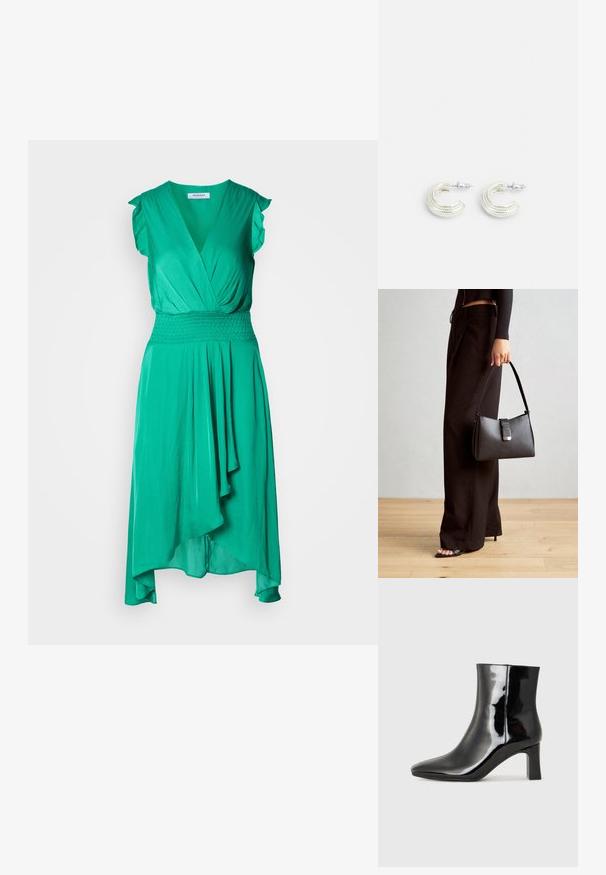 Robe verte en tissu lisse avec un décolleté en V, des manches courtes volantes, une taille smockée et une jupe asymétrique drapée.; Bottines en cuir verni noir avec un bout pointu et un talon block de hauteur moyenne. Texture lisse et design minimaliste.; Sac à main noir à la forme structurée, texture lisse et fermoir métallique. Associé à un pantalon noir ample et des sandales ouvertes sur un sol en bois.; Boucles d'oreilles en ton argent, au design en anneau torsadé, présentant une surface texturée et des détails nervurés, sécurisées par une fermeture à tige.