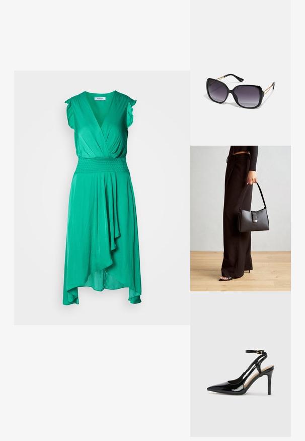 Vestido verde hecho de una tela suave con escote en V, mangas cortas con volantes, cintura fruncida y falda asimétrica drapeada.; Zapato de charol negro de tacón alto, tipo slingback, con punta afilada, correa ajustable en el tobillo y lados abiertos. Textura lisa.; Gafas de sol negras de gran tamaño con lentes degradados, montura gruesa y detalles de cadena en tono dorado en las patillas.; Bolso negro con forma estructurada, textura suave y un cierre metálico. Combinado con pantalones anchos negros y sandalias de dedo en un suelo de madera.