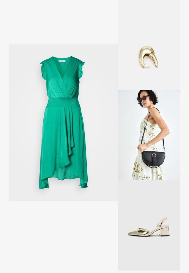 Groene jurk van een zachte stof met een V-hals, korte, gerimpelde mouwen, smocktail en een gedrapeerde asymmetrische rok.; Gouden, metalen slingback hakken met een spitse neus en een chunky hak. Glad oppervlak, minimalistisch ontwerp en een smalle band.; Zwarte leren handtas met een gebogen vorm, afneembare schouderband en gouden hardware. De tas heeft een klep met een gespsluiting.; Gouden metalen oorbel met een slank, gebogen ontwerp. Beschikt over een kenmerkende puntige vorm, gepolijste oppervlakte en scharnier sluiting.