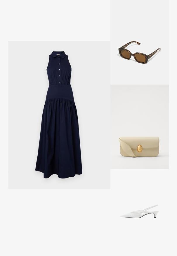 Rochie fără mâneci, de culoare bleumarin, cu front butonat, guler, talie bine conturată și fustă flared, strânsă. Textură netedă, din material de bumbac.; Sandale albe cu toc slingback și vârf ascuțit, având un upper neted, decupaje subtile și un toc bloc mic. Talpa neagră accentuează designul.; Ochelari de soare cu chelă de broască țestoasă, având un cadru rotund și voluminos, cu lentile maro. Prezintă modele subtile și brațe drepte, conice.; Geantă de mână din piele bej, cu o textură netedă, formă rectangulară și un închizător oval auriu. Dispune de o curea lungă, ajustabilă.
