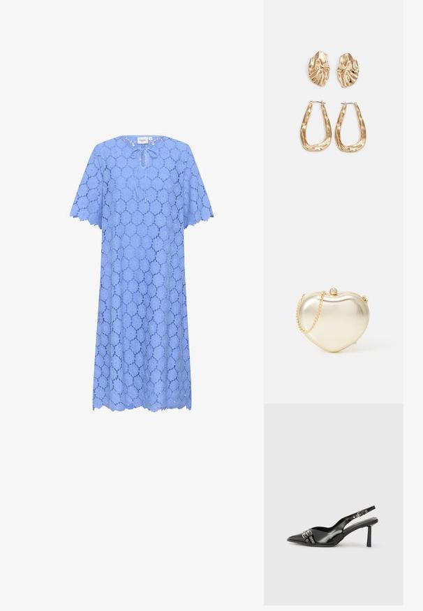 Svijetloplava čipkasta haljina s kratkim rukavima, koja ima okrugli izrez i detalj s vezanjem sprijeda. Izdignuti rubovi i cvjetni uzorak kroz cijelu haljinu.; Crna lakirana slingback cipela s izduženim vrhom, remenčićima oko gležnja s srebrnim kopčama i dijelovima, te vitkim potplatom.; Zlatna metalna clutches u obliku srca s lancem i detaljem pri zatvaranju od bisera. Glatka tekstura, kompaktnog dizajna za sitnice.; Naušnice zlatne boje s teksturiranim, valovitim oblicima. Uključuju skulpturalne kopče i dizajn otvorene kružnice s kovanom završnom obradom.