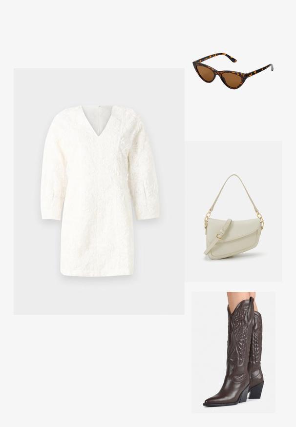 Bijela haljina s V-izrezom, rukavima do tri četvrtine i teksturiranim cvjetnim uzorcima. Ravnog kroja s glatkim završetkom i zatvaranjem na patentni zatvarač na leđima.; Smeđe kožne kauboj čizme s šiljastim vrhom i blok-potpeticom, s detaljno izvezenim šavovima i uzdignutim naglascima na okovu.; Sunglasses u obliku mačjih očiju s okvirom u crno-narančastom kornjačevom uzorku, smešnim lećama i elegatnim, šiljastim vrhovima. Sadrži minimalni logo na dršci.; Mala krem torbica s teksturiranim finišom, dugačkim podesivim remenom, lančanim detaljem i preklopom. Zlaćani hardver.