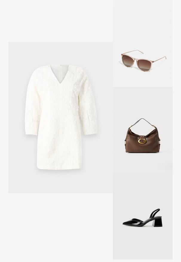 Biely šaty s výstrihom do V, trojštvrťovými rukávmi a textúrovanými kvetinovými vzormi. Rovný strih s hladkým povrchom a zipsom na chrbte.; Čierne lakované kožené sandálové podpätky s špicatou špičkou a geometrickým blokovým podpätkom. Disponujú elegantným, minimalistickým dizajnom a hladkým povrchom.; Hnedé slnečné okuliare s prechodovým efektom a priehľadným ružovým rámom, štvorcového tvaru a tenkými kovovými ramenami. Obsahujú zaoblené okraje a minimálne detaily.; Hnedá kožená kabelka s textúrovaným povrchom, so zlatým kovovým zapínaním a jedným zakriveným ramenným popruhom.