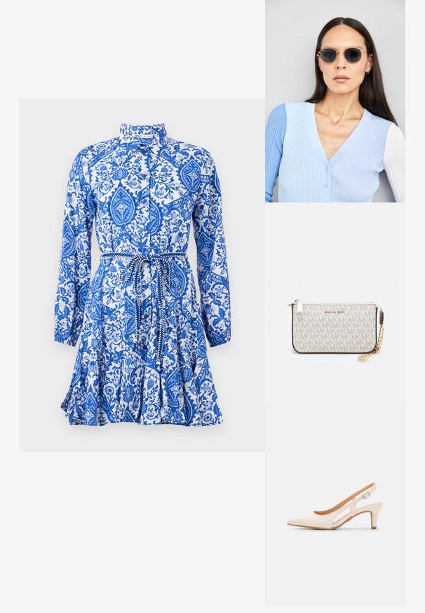 Zilā un baltā rakstainā kleita ar garām piedurknēm, jaku, pogu aizdari un vidukļa jostu. Funkcionāla ziedu un paisley dizaina īpatnība.; Baltas siksniņveida papēdis ar smailu purngalu, gludu augšējo materiālu, zemu blokpapēdi un sānu izgriezumu dizainu ar regulējamu sprādzi.; Apaļas saulesbrilles ar tumšiem objektīviem un zeltītām rāmēm. Modelis valkā gaiši zilu, ribotu kardigānu ar pogām un kontrastējošām baltām piedurknēm.; Michaela Korsa rokassomi bez̦ā īšojuma, kas izgatavota no apklāta kanvas, iekļaujot atkārtotu MK logotipa rakstu, zelta aparatūru un noņemamu ķēdes siksnu.