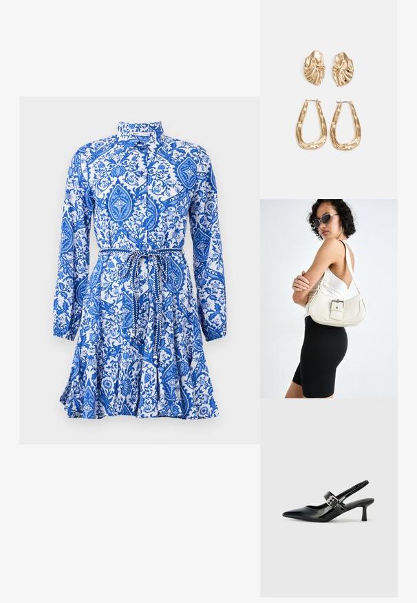 Modré a bílé šaty s dlouhými rukávy, límcem, zapínáním na knoflíky a páskem v oblasti pasu. Mají květinový a paisley design.; Černé lakované boty na podpatku typu slingback s špičatou špičkou a malým blokovým podpatkem, které mají na pásku stříbrný přezkový akcent.; Bílá kožená kabelka s křivkovým tvarem, nastavitelným popruhem a malým detailem přezky. Model nosí těsné černé oblečení.; Náušnice ve zlatém tónu s texturovanými, vlnitými tvary. Obsahují sochařské klipy a design otevřeného kruhu s kladivkovým povrchem.