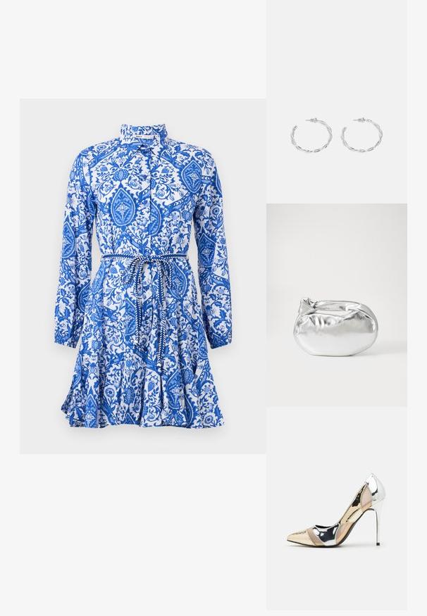 Blau-weißer Kleid mit Muster, langen Ärmeln, Kragen, Knopfverschluss und Taillengürtel. Verfügt über ein Blumen- und Paisleymuster.; Spitz zulaufender High-Heel-Schuh in einer Farbgestaltung aus Silber, Gold und Nude. Glänzende Oberfläche mit Ausschnittdesign und stiletto Absatz.; Silberne metallic Pouch-Tasche mit einer sanften, abgerundeten Form und einem geknoteten Verschluss oben. Hergestellt aus glattem Kunstleder.; Silberne Creolen mit gedrehter Gestaltung, ausgestattet mit einer polierten Oberfläche und einer Steckverschluss. Sie haben einen Durchmesser von ca. 3 cm.