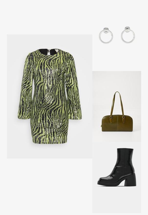 Minimalna obleka s sequinom v limetno zeleni barvi z črnimi zebrovimi črtami. Ima dolge rokave, zaobljen ovratnik in zadrgo na hrbtni strani.; Črne gležnjarje z sijajno površino, kvadratnim nosom in debelim blokskim peto. Oblikovanje izstopa s brezšivno silhueto in minimalnim logotipiranjem.; Olive zelena usnjena torba v zaokroženi obliki, z dvojnimi ročaji in brezšivnim sprednjim delom. Ima gladko teksturo in subtilne šive.; Srebrni kovinski obročasti uhani z brušenjem, s krožno obliko in prozornim zatičem za varno nošenje.