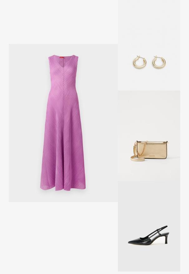 Abito senza maniche a scollo a V in lilla chiaro con pieghe diagonali, silhouette fluida e texture liscia.; Slingback con tacco in vernice nera con punta affusolata, caratterizzato da una stampa a serpente testurizzata, cinturino regolabile e un tacco corto e testurizzato.; Clutch in pelle oro metallizzato con finitura testurizzata, dotata di una tracolla in catena dorata e di una tracolla rimovibile. Logo del marchio impresso.; Lauren Ralph Lauren BASIC SMALL HOOP - Orecchini - gold-coloured