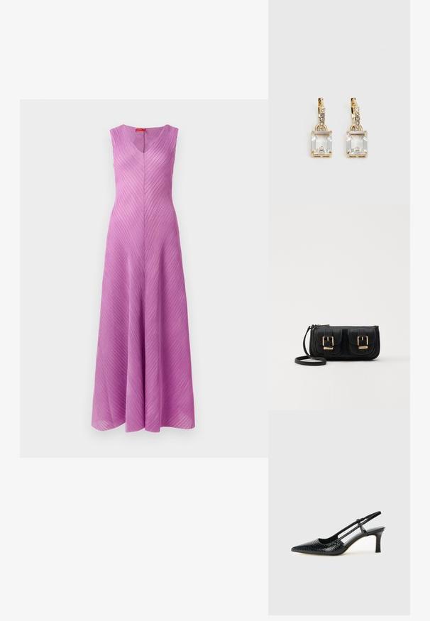 Ujjatlan, V nyakú ruha világoslila színben, átlós pliszékkel, folyékony sziluettel és sima textúrával.; Fekete lakk slingback sarok, hegyes orral, texturált kígyómintával, állítható pánttal és rövid, texturált tömbsarkal.; Fekete bőr keresztbody táska két elülső zsebbel, arany csattokkal, cipzáras záródással és vékony pánttal. Textúrált felület és kompakt téglalap alak.; Aranyszínű fülbevalók, melyek egy téglalap alakú, tiszta kristállyal díszítették, ami egy sor kis, kerek, tiszta kiegészítő alatt lóg. Letisztult, modern dizájn.