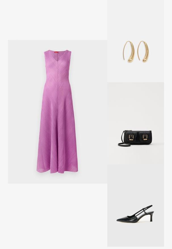 Ärm-lös, V-ringad klänning i ljuslila med diagonala veck, flödande silhuett och en jämn textur.; Svart lackskin slingback-häl med spetsig tå, med texturerad ormskinnsprint, justerbar rem och en kort, texturerad blockklack.; Svart läderaxelväska med två framfickor, guldspännen, dragkedjestängning och en smal rem. Texturerad yta och kompakt rektangulär form.; Guldtonade metallörhängen i en kurvad, avlång form. Har en slät, glänsande yta och en rundad spets för en extra detalj.
