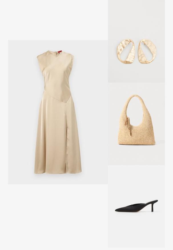 MAX&Co. LEGUME - Jurk - ecru; Zwarte muiltje met spitse neus en een strak ontwerp, gemaakt van gladde stof, met een slanke hak en open achterkant voor gemakkelijk aan- en uittrekken.; Geweven beige handtas met een gebogen handvat, textuur oppervlak en een bruine kwastdetail. Heeft een slonzige, hobo-vorm.; Een paar onregelmatig ovale, gouden metalen oorbellen met een gestructureerd, lichtgehamerd oppervlak op een witte achtergrond.