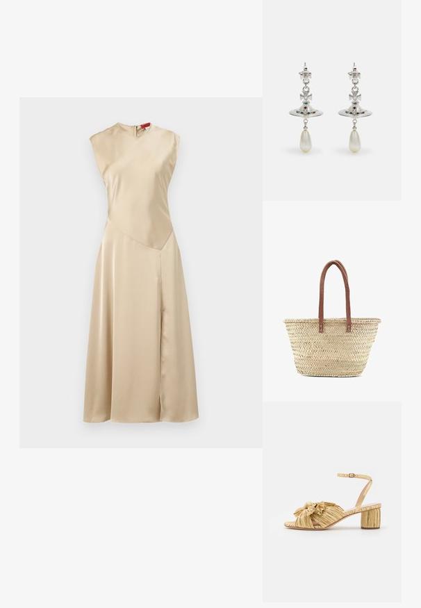 MAX&Co. LEGUME - Freizeitkleid - ecru; Goldene High Heels mit strukturiertem, gefälteltem Design und einem auffälligen Schleifendetail. Riemchen mit verstellbarem Schnallenverschluss, mittelhoher Blockabsatz.; Geflochtene Strohtasche mit zwei braunen Ledergriffen; hat eine runde Form, eine strukturierte Oberfläche und verstärkte Nähte an den Tragegurten.; Silberohrringe mit einem runden Ring, verziert mit glitzernden Steinen und einem tropfenförmigen Perlenanhänger. Auffälliges Design mit filigranen Akzenten.