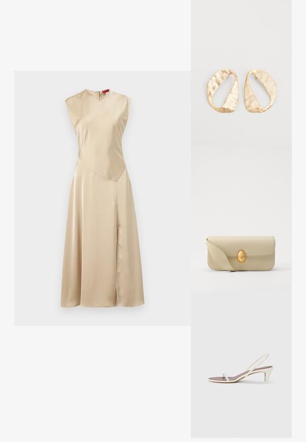 MAX&Co. LEGUME - Nappali ruha - ecru; Fehér, pántos szandál enyhe sarokkal, vékony pántokkal és sima bőr textúrával; kis díszítő csattal rendelkezik.; Beige bőrtáska sima textúrával, téglalap alakban, arany ovális zárral. Hosszú, állítható pánttal rendelkezik.; Egy pár szabálytalan, ovális formájú, aranyszínű fém fülbevaló, enyhén kalapált felülettel, fehér háttéren.