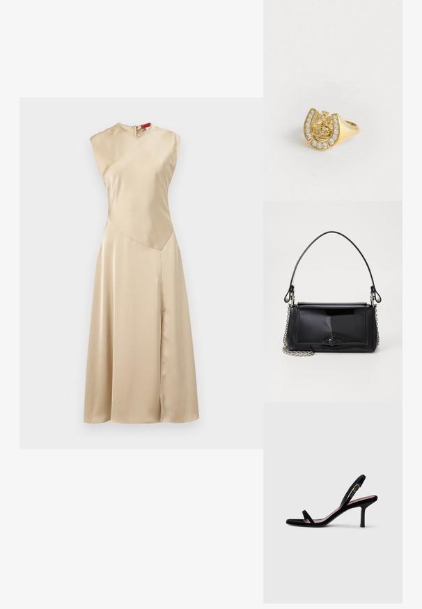 MAX&Co. LEGUME - Vapaa-ajan mekko - ecru; Mustat mokkanahkaiset naisten korkokengät ohuilla remmeillä ja kultaisella soljella valkoista taustaa vasten, sivukuva.; Musta lakattu nahkalaukku suorakaiteen muotoisena, ketjuhihnalla ja erottuvalla varustusesineellä keskellä. Siveltimellinen pinta.; Kultainen sormus, jossa on kruunusuunnittelu hevosenkenkämuodossa, koristeltuna pienillä kirkkailla jalokivillä, valkoisella taustalla.