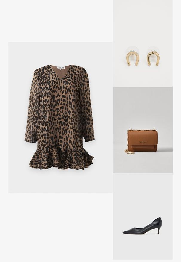 Vestido de estampado de leopardo con escote en V, mangas largas y dobladillo con volantes acampanados. Hecho de tela suave en tonos marrón y negro.; Zapato de tacón bajo de cuero negro con punta puntiaguda. Presenta una textura lisa y un brillo sutil. Corte abierto en la parte frontal para un detalle adicional.; Bolso crossbody de cuero texturizado marrón con correa de cadena dorada y cierre de solapa. La parte frontal presenta un detalle de logo y un bolsillo debajo de la solapa.; Pendientes de estudio en forma de herradura dorada con seis pequeñas gemas transparentes en cada uno, exhibidos sobre un fondo transparente contra un fondo blanco.