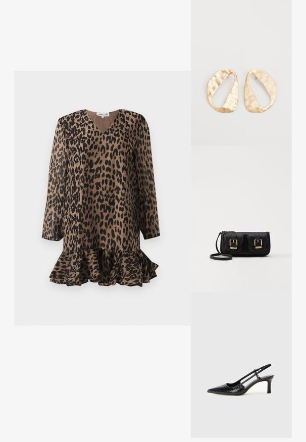 Šaty s potiskem leopardí kůže, výstřihem do V, dlouhými rukávy a rozšířeným volánkovým lemem. Vyrobené z hladké tkaniny v hnědých a černých tónech.; Černé lakované slingback podpatky s špičatou špičkou, zdobené texturovaným hadím vzorem, nastavovacím páskem a krátkým texturovaným blokovým podpatkem.; Černá kožená crossbody taška se dvěma předními kapsami, zlatými přezkami, zipovým uzávěrem a štíhlým popruhem. Texturovaný povrch a kompaktní obdélníkový tvar.; Pár nepravidelných oválných náušnic z kovu pozlaceného zlatem s texturovaným, mírně kladivkovým povrchem na bílém pozadí.