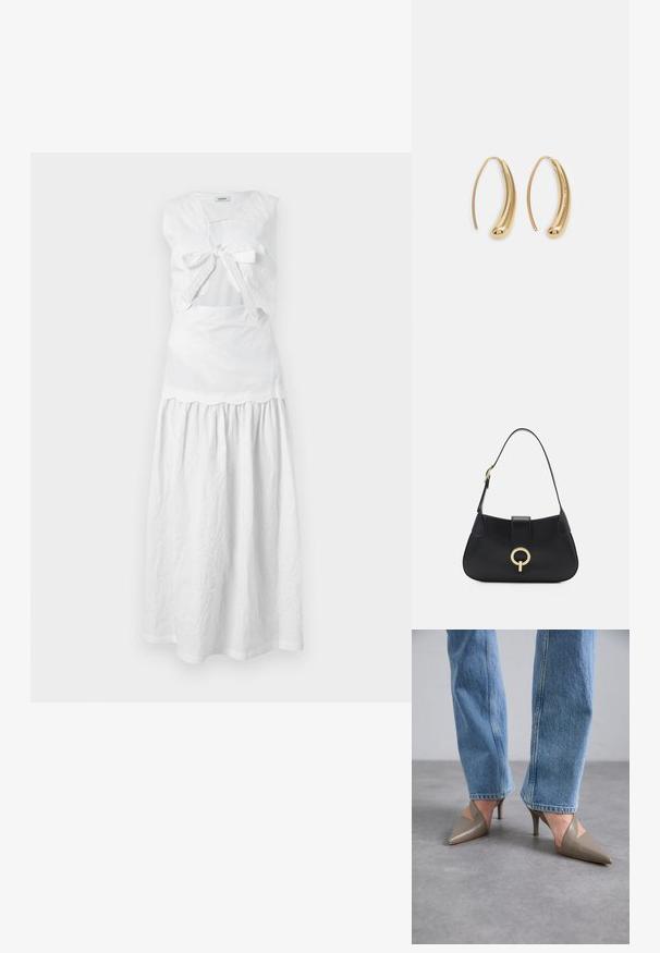 sandro ROBE - Vapaa-ajan mekko - off white; Harmaat kärkipohjaiset korkokengät, joissa on V-muotoinen leikkaus, varustettuna kapealla stiletto-korkolla. Yhdistettynä vaaleansinihin suoriin farkkuihin.; Musta nahkalaukku, jossa on kaareva siluetti, lyhyt olkahihna, keskeinen kultainen koriste ja sileä pinta. Ei näkyviä kuvioita tai yksityiskohtia.; Korvakorut kultasävytteistä metallista, joissa on kaareva, pitkänomainen muoto. Ominaisuuksiin kuuluu sileä, kiiltävä pinta ja pyöreä kärki lisäyksinä.