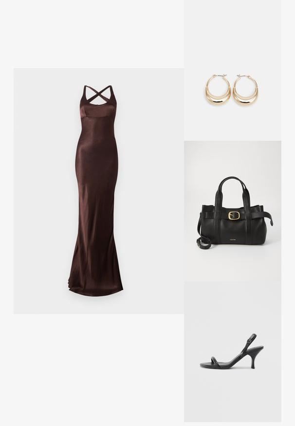 Robe de soirée longue et ajustée en satin brun foncé. Présente des bretelles croisées dans le dos et un éclat subtil. Texture lisse avec un ourlet évasé.; Sandales à talons hauts en cuir noir avec un talon fin et courbé et un design de brides croisées. Bride de cheville réglable. Texture lisse.; Sac à main en cuir noir présentant un design structuré, deux poignées supérieures, un accent de boucle en ton doré et un logo de la marque en relief à l'avant.; Boucles d'oreilles créoles dorées en forme de croissant, avec une surface polie et un fermoir à charnière. La texture lisse et la finition réfléchissante améliorent la visibilité.