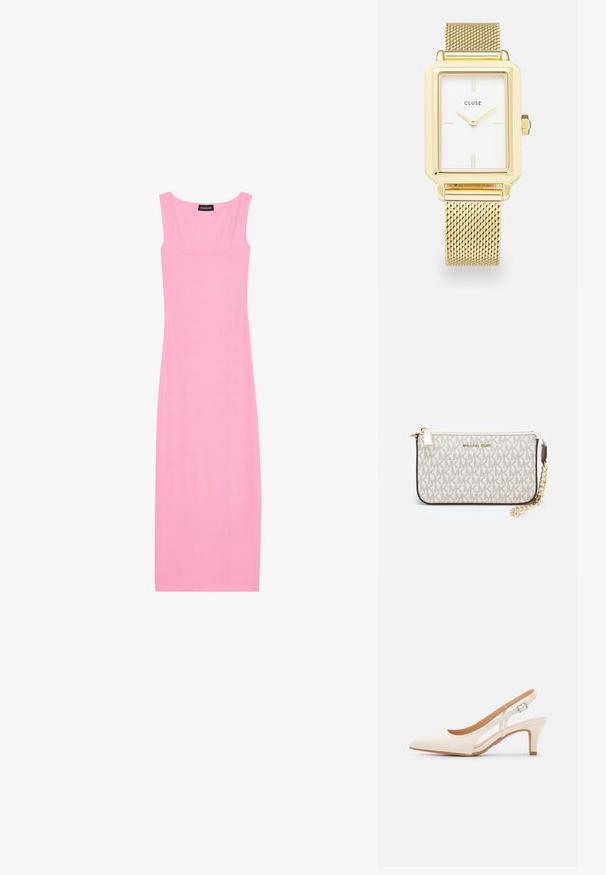Růžové midi šaty bez rukávů s proužkováním. Mají čtvercový výstřih a přiléhavý střih pro elegantní vzhled.; Bílé lodičky na podpatku s špicatou špičkou, hladkým svrškem, nízkým blokovým podpatkem a designem s bočním výřezem se stahovací sponou.; Kabelka na zápěstí Michael Kors v béžové potažené plátno s opakujícím se vzorem loga MK, zlatými kovovými doplňky a odnímatelným řetízkovým popruhem.; Zlaté obdélníkové hodinky s bílým ciferníkem, minimalistickými číslicemi a kovovým síťovaným páskem. Obsahují boční korunku pro nastavení času.