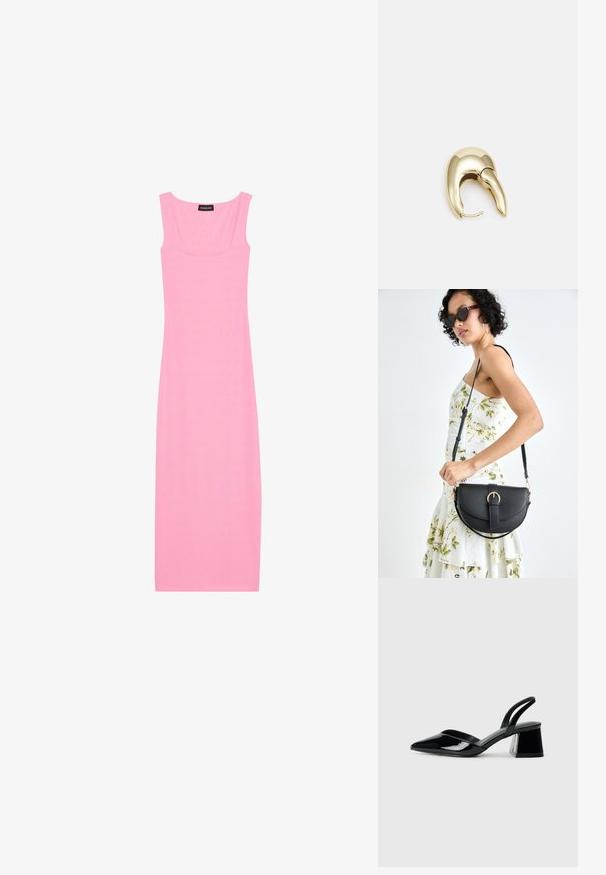 Ribota, bez piedurknēm midi kleita spilgti rozā krāsā. Iezīmēta ar kvadrātveida dekoltē un pieguļošu siluetu, kas nodrošina stilu un eleganci.; Melna lakota āda ar atvērto papēdi, ar smailu purngalu un ģeometrisku blokpapēdi. Iezīmējas elegants, minimāls dizains un gluda tekstūra.; Melnas ādas rokassoma ar izliekta formu, noņemamu siksnu un zelta aksesuāriem. Somai ir vāciņš ar sprādzes detaļu.; Zeltīti metāla auskari ar gludu, izliekta dizaina. Ar atšķirīgu smailu formu, pulētu virsmu un eņģu aizdari.