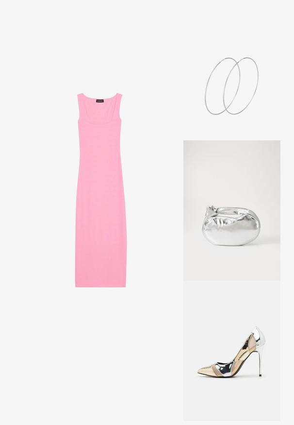 Růžové midi šaty bez rukávů s proužkováním. Mají čtvercový výstřih a přiléhavý střih pro elegantní vzhled.; Lodička s špičatou špičkou a kombinací stříbrné, zlaté a tělové barvy. Lesklý povrch s vykrojeným designem, s jehlovým podpatkem.; Stříbrná kovová taška s měkkým, zaobleným tvarem a uzávěrem s uzlem. Vyrobena z hladké umělé kůže.; Stříbrné kruhové náušnice s minimalistickým designem. Kruh, hladký povrch a tenký profil. Lehká konstrukce s lesklým povrchem.