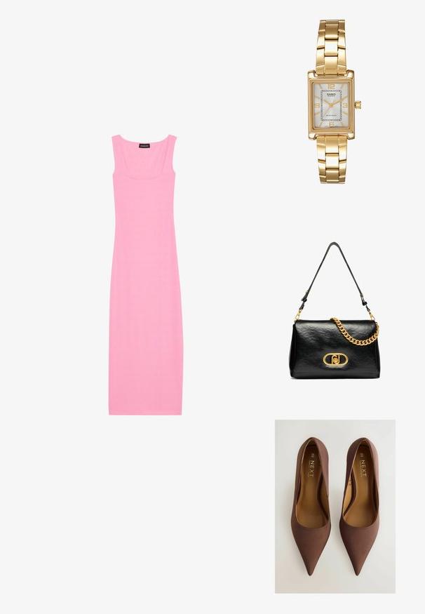 Ribbed, without sleeves, midi-mekko kirkkaan vaaleanpunaisena. Ominaisuuksiin kuuluu neliönmallinen kaula-aukko ja istuva siluetti, joka luo virtaviivaisen ilmeen.; M elefantin russet de satin cu vârful ascuțit și textură netedă, având un vamp tăiat jos și un branding subtil pe branț. Mărimea 6½ (40).; Mustakimainen mustasta nahasta valmistettu olkalaukku, jossa on rypistynyt pinta, kultaketjuviimeistely ja huomattava kultasuljin, jossa on soikea logo. Säädettävä olkahihna.; Kulta-tone suorakulmainen rannekello, jossa on valkoinen kellotaulu, hopeanväriset tuntimerkit ja kestävä metallinen linkkiranneke. Mukana vedenkestävyysominaisuus.