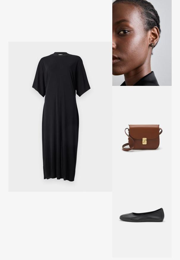 Mustast, lühikeste varrukatega kleit, mis on valmistatud pehmest kangast, omades sirget siluetti ja kõrget kaelust, millel on külgsisseraied liikumise mugavuse tagamiseks.; Musthave mustika tantsutossud mustast nahast, ümmarguse varbaga, siledast tekstuurist, minimaalse õmblusdetailiga ja paindliku tallakujundusega.; Pruunist nahast käekott, millel on klapiga sulgur, kuldne riistvara, õlarihm ja sile tekstuur. Kompaktne ristkülikukujuline vorm.; Kuldne lillemotiiviga stud-kõrvarõngas, millel on tekstureeritud must keskus ja delikaatne detailide töö. Mudeli puhas nahk ja sasis juuksed on näha külgmises vaates.